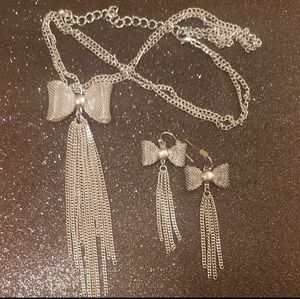 Silver Bow Tassel Necklace & Earrings Set EUC
